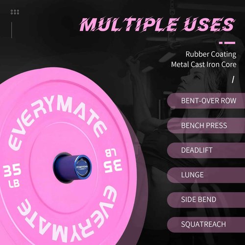 EVERYMATE Pink 35LB Olympic Bumper Plates - Grip Weight Plates for Strength Training & Crossfit - Steel Inserts - Fit 2" Barbells - Virgin Rubber Weights
