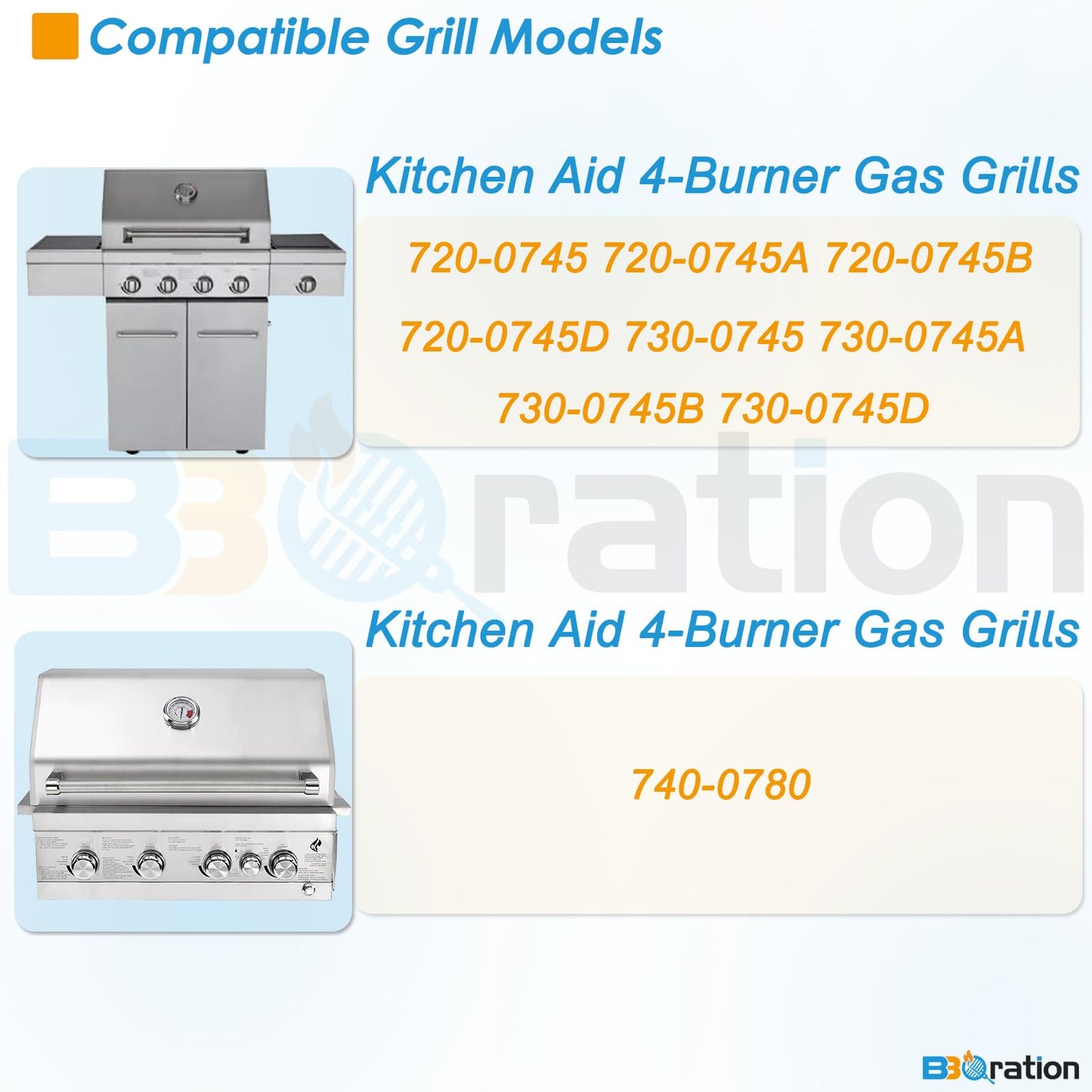 BBQration Replacement Kit for Kitchen Aid 720-0745B 740-0780 860-0012 720-0745 720-0745A, 7MM Solid Stainless Steel Cooking Grates, Burners and Heat Plates for Kitchenaid Grill Replacement Parts