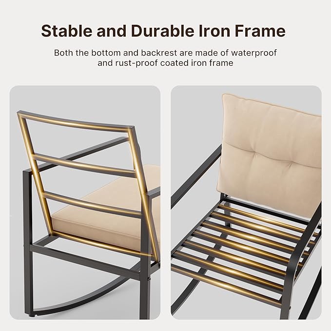 Gizoon 3 Piece Rocking Bistro Set, Black Steel Patio Furniture, Porch Chairs Conversation Set with Glass Coffee Table, Back Cushion, for Balcony, Garden, Pool, Backyard, Beige