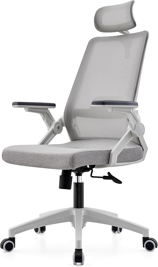 Msdizuo Ergonomic Office Computer Chair for All-Day Comfort, Dynamic Lumbar Support & Adjustable Headrest, 90° Swivel Flip-Up Arms Mesh Desk Chair - White, Tilt Lock, 350lbs