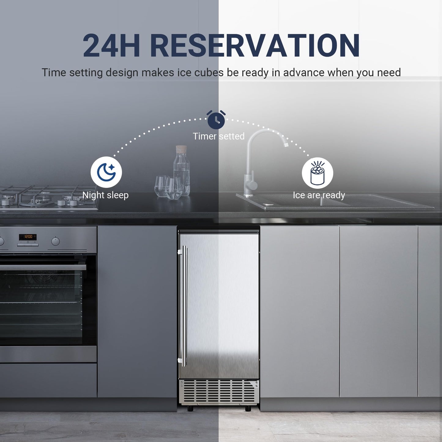 ICYGLEE Commercial Under Counter Ice Maker Machine with Drain Pump, 80Lbs/Day with 24lbs Storage, Auto-Cleaning, 24H Timer, Built-in Freestanding Ice Maker for Home/Commercial & Home Use. (Steel)