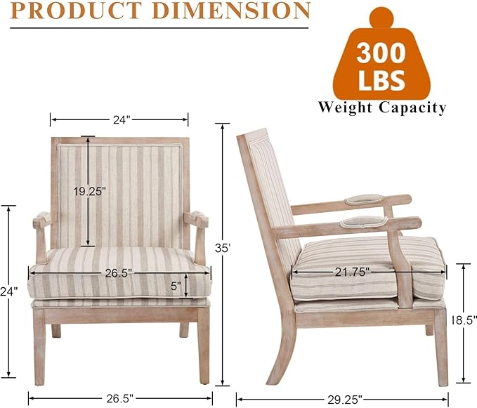 Mid Century Modern Accent Chair Set of 2, Upholstered Armchair with Solid Wood Frame & Wide Cushion Comfy Living Room Chairs Lounge Retro Reading Chair for Bedroom, Guest Room, Balcony, Khaki stripe