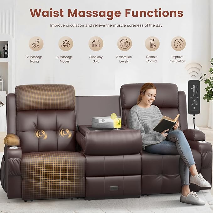 Aotolo Recliner Sofa, Massage Reclining Sofa 3 Seater Sets Heavy Weight Capacity, RV Loveseat Couch Clearance with Flip Back Console, Storage, Cup Holders, Wall Hugger Reclining Couch for Living Room