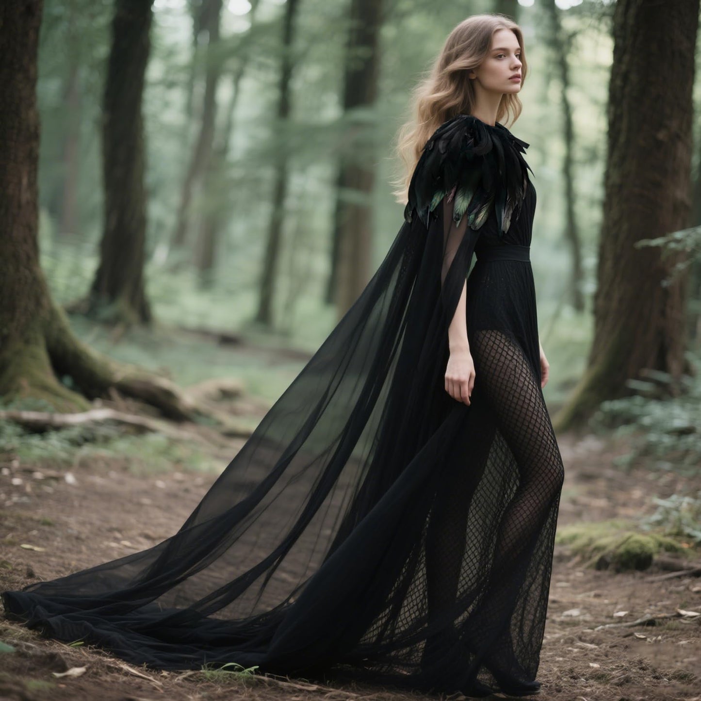 L'VOW Women Black Feather Cloak Gothic Feather Collar Tulle Cape Vampire Cloak Witches Cape Cosplay Costume
