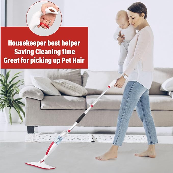 Spray Mops for Floor Cleaning Floor Mop with a Refillable Spray Bottle and 3 Washable Microfiber Pads Home or Commercial Use Dry Wet Flat Mop for Hardwood Laminate Wood (RED)