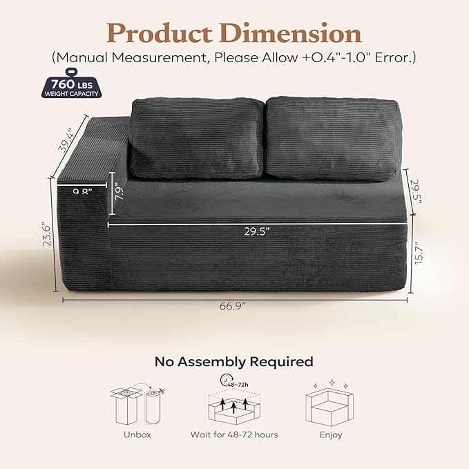 Furnify Loveseat Sofa, Cloud Modular Sofa Couch, Upholstered Floor Sofa with Deep Seat, Upholstered Foam Couch for Bedroom Living Room, No Assembly Required (Corduroy Fabric, Grey)