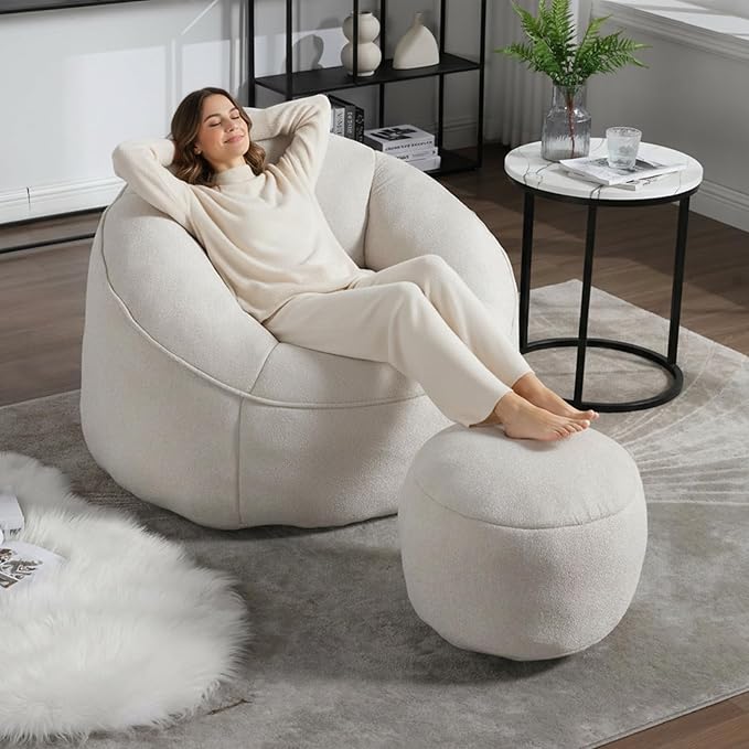 Bean Bag Chairs, Gaint Bean Bag Couch with Memory Foam for Adults and Kids, Microfiber Upholstered Sofa with Ottoman, Comfy Lazy Bean Bag Reading Chair for Living Room