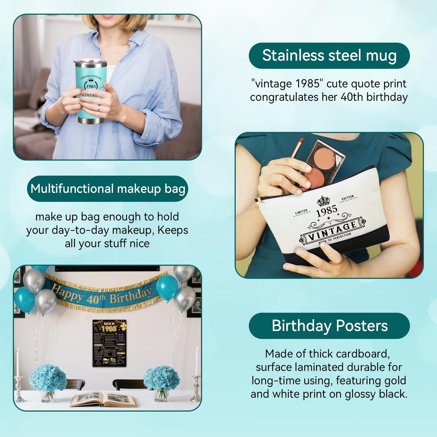 TrophyToast 40th Birthday Gifts for Women Her- 4 pcs, Turning 40 Year Old Gifts, Birthday Decorations Canvas Beach Tote Bag & Makeup Bag, Unique Happy 40th Birthday Gifts for Her Mom Wife Friends