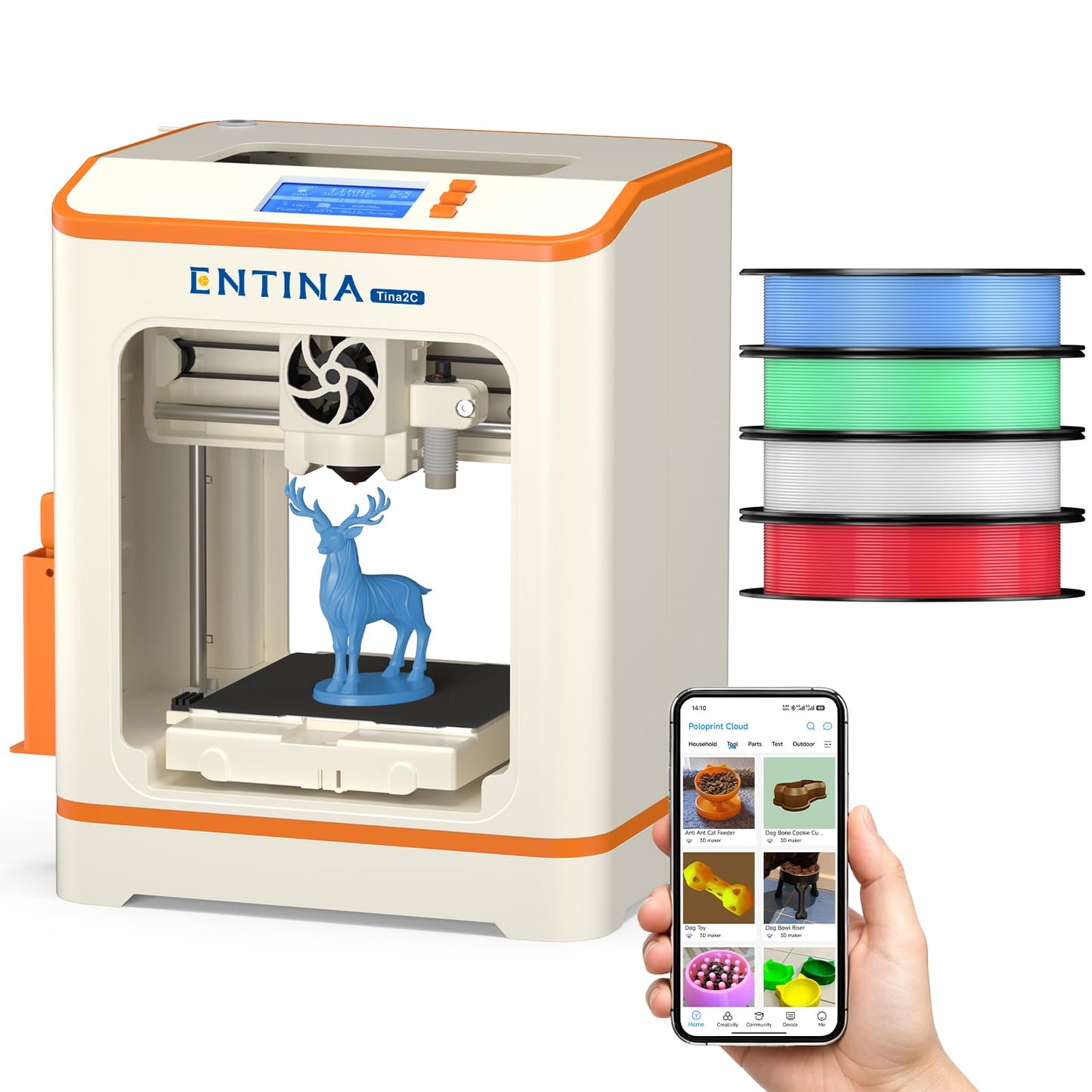 Entina Tina2C Mini 3D Printer for Kids & Beginners, Fully Assembled, Auto Leveling, Easy to Use, WiFi & APP Control, 1500+ Models, DIY Projects, 4 PLA Colors, Ideal for Home & School