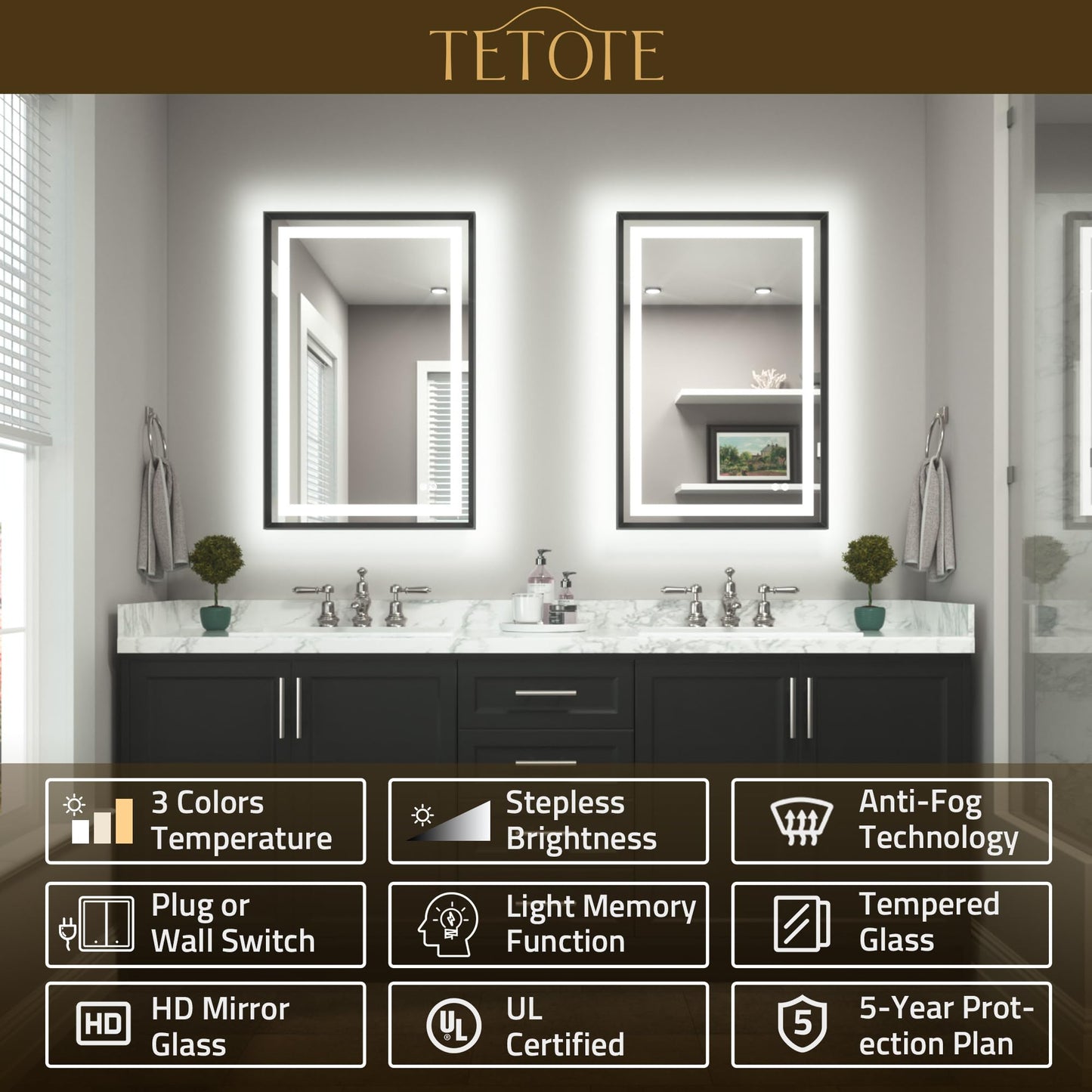 TETOTE 22 x 30 Bathroom LED Mirror Brushed Black Metal Frame Frontlit & Backlit Vanity Mirror Anti-Fog Stepless Dimmable 3 Colors White/Warm/Natural Mirror with Lights Wall-Mounted