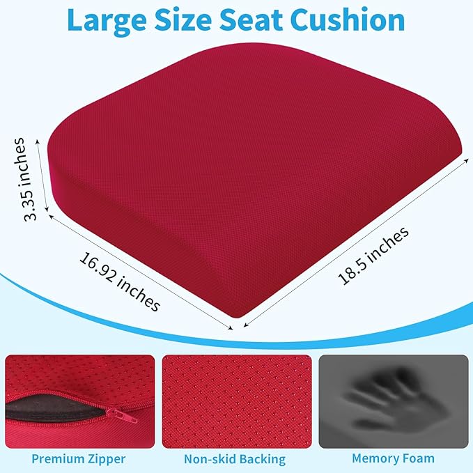 TranquilRelax Large Seat Cushion, Memory Foam Cushion for Long Sitting Hours on Office Chair, Home & Car, Non-Slip Chair Pad for Relieving Back & Sciatica & Hip & Coccyx Pain (Red)