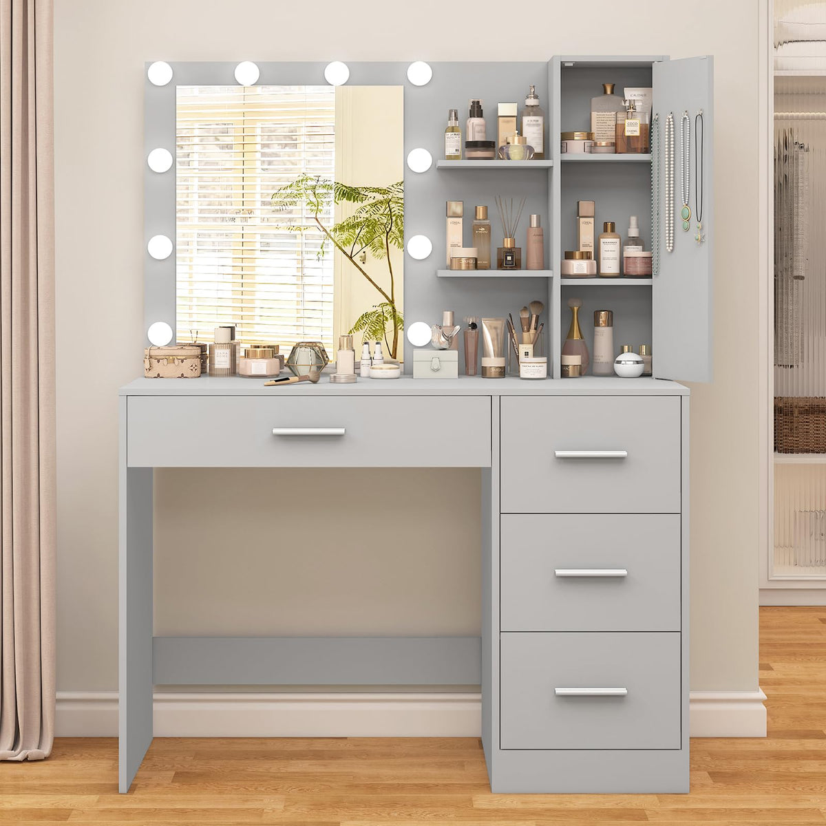 usikey Makeup Vanity with Lights, Vanity Desk with Mirror and 10 LED Lights, Vanity Table Set with 4 Drawers, Cabinet & 4 Necklace Hooks, Dressing Table for Bedroom, Grey