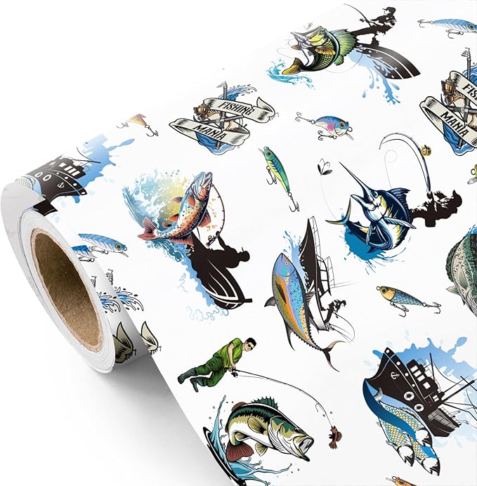 WRAPAHOLIC Fishing Wrapping Paper - Mini Roll - 17 Inch x 16.5 Feet - Adventure Fishing Birthday Wrapping Paper Perfect fo...