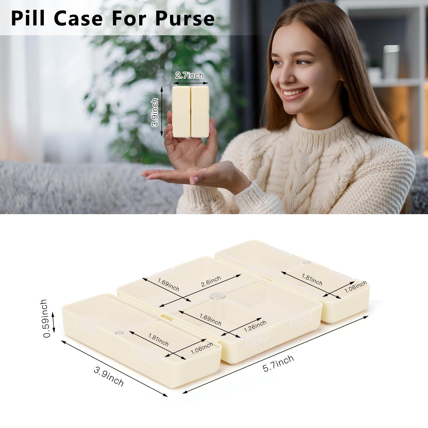 FYY Daily Pill Organizer,2 Pcs 7 Compartments Portable Pill Case Travel Pill Organizer,[Folding Design] Pill Box for Purse Pocket to Hold Vitamins,Cod Liver Oil,Supplements and Medication-White