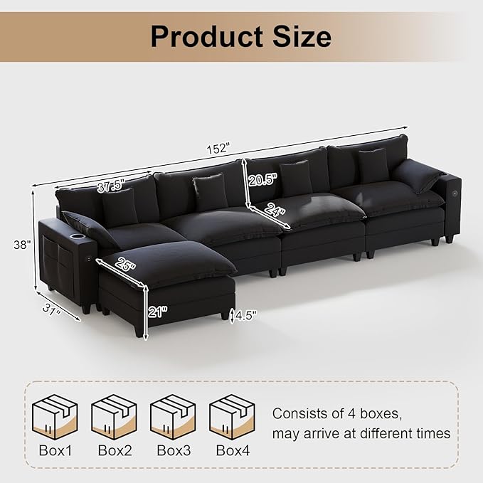 KCGKCG 152" Modular Sectional Sofa, L Shaped Cloud Couch with Movable Ottoman, Chenille Deep Seat Cloud Sofa with Charging Station, Cup Holder, Side Pocket, Sectional Couches for Living Room, Black