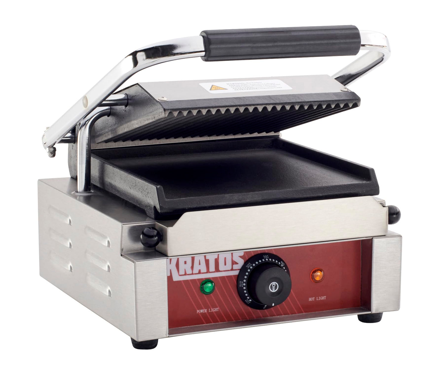 Kratos Commercial Electric Panini Sandwich Grill with Grooved Top and Smooth Bottom Plates, 9" x 9" Cooking Surface, Commercial Countertop Panini Press, 120V, 1750W (29Y-019)