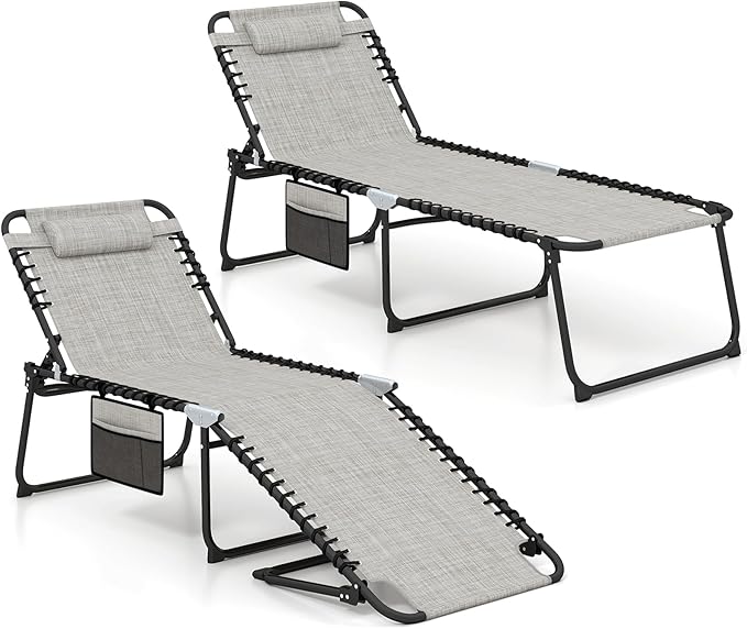 GYMAX Lounge Chair for Outside, 440lbs 27” Oversize Folding Beach Tanning Sunbath Chair with Adjustable Backrest & Removable Pillow, Lightweight Portable Patio Lounger for Lawn Poolside (2, Grey)