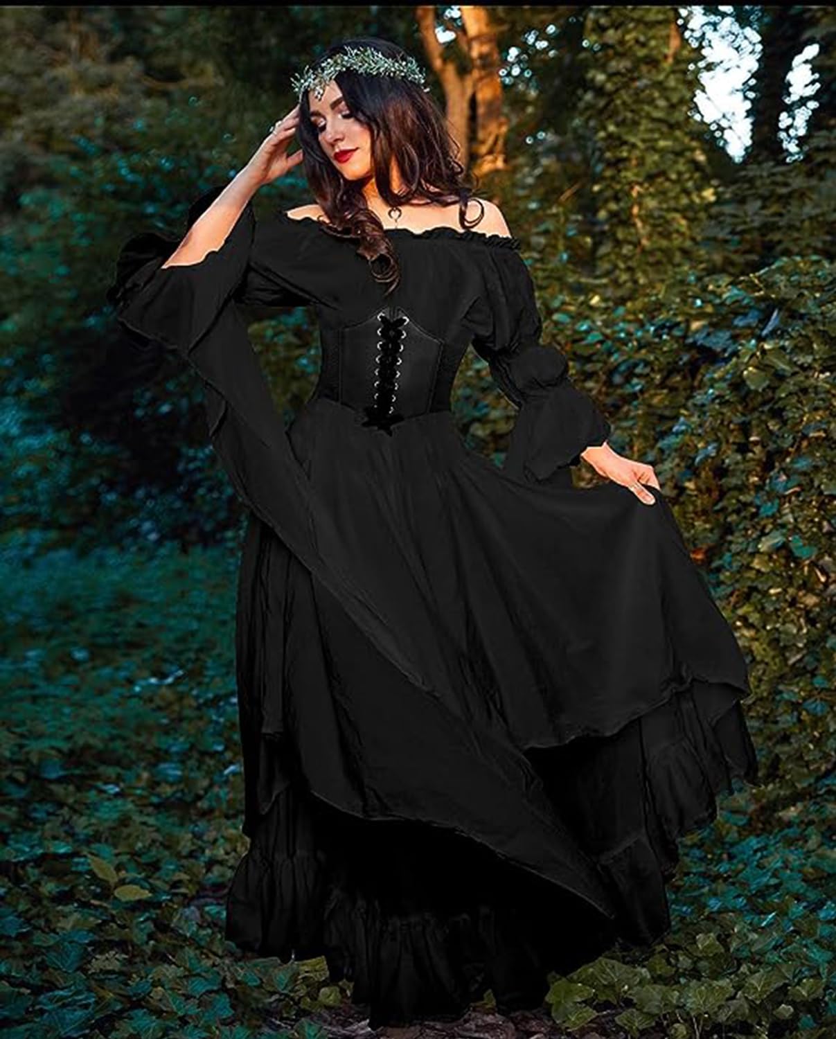 BITSEACOCO Women Medieval Victorian Off Shoulder Dress, Gothic Puff Sleeve Irish Chemise Dresses, Renaissance Costume High Low Long Skirts (S, Black)