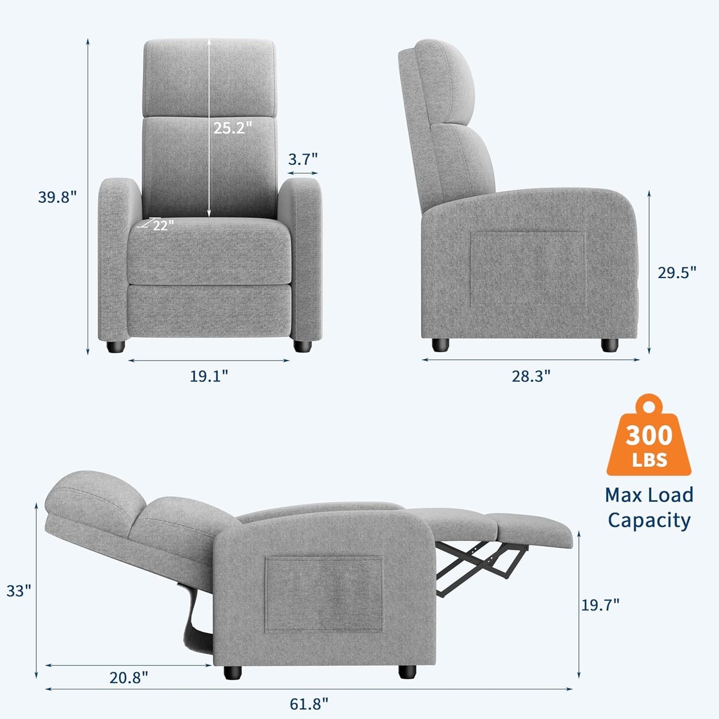 Push Back Recliner Chair for Adults - Ergonomic Single Sofa with Tall Back, Wide Arms & Padded Seat, Side Pocket for Remote - Adjustable Lazy Reclining Chair for Living Room Home Theater Seating