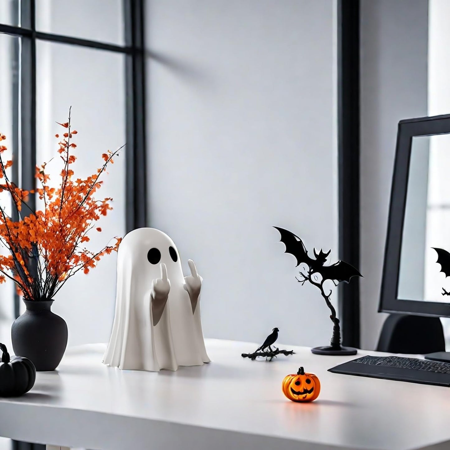 Halloween Ghost Figurine - Spooky Resin Ghost Statue, Cute Finger Ghost Ornaments, Perfect for Indoor & Porch Halloween Decor (A)