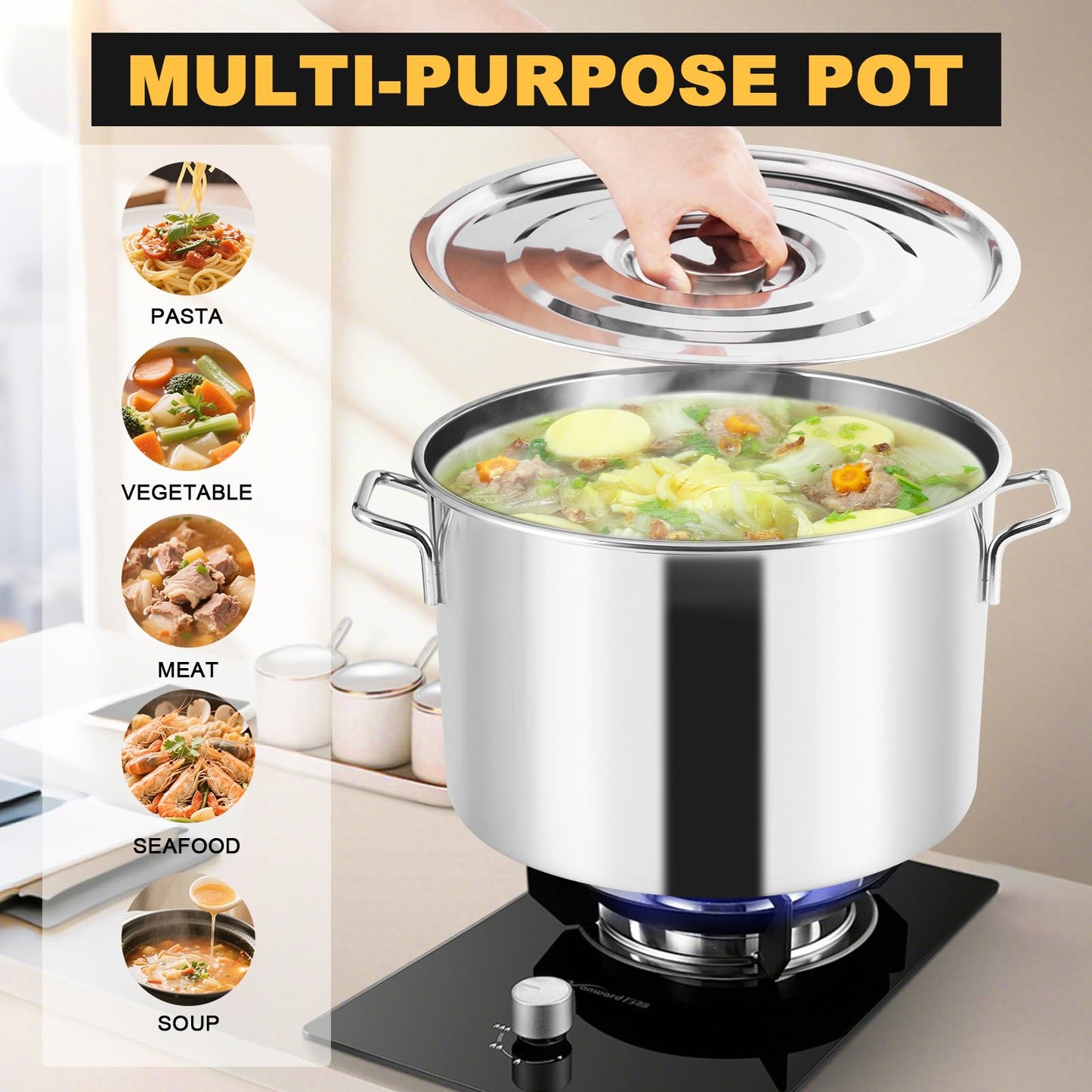 YJINGRUI Commercial Pasta Pot, 28.5 Quart, Stainless Steel Pasta Cooker with Insert Strainer Colander for Home Kitchen Restaurant, 4 Holes