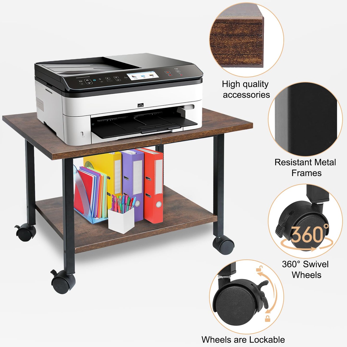 RANXFLOAT Printer Stand, Under Desk Printer Table with Wheels, 2 Tier Industrial Mobile Printer Table with Storage Shelf, Rolling Printer Cart Holder for Home, Office, Rustic Brown and Black