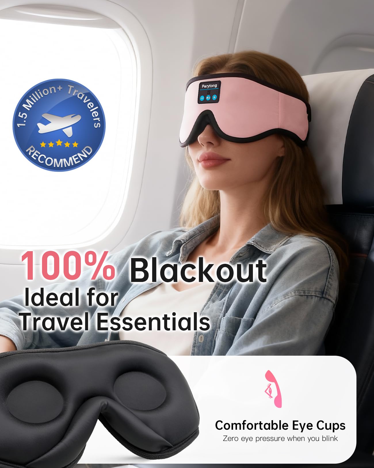 Sleep Mask with Bluetooth 5.4 Headphones, Wireless Music Sleep Eye Mask for Side Sleepers, 3D Contoured Comfort & Built-in HD Stereo Earphones, Noise Canceling & Blackout for Travel (Peach Pink)