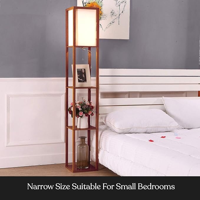 Brightech Maxwell - Modern Shelf Floor Lamp with Lamp Shade and LED Bulb - Corner Display Floor Lamps with Shelves for Living Room, Bedroom and Office - Walnut Brown