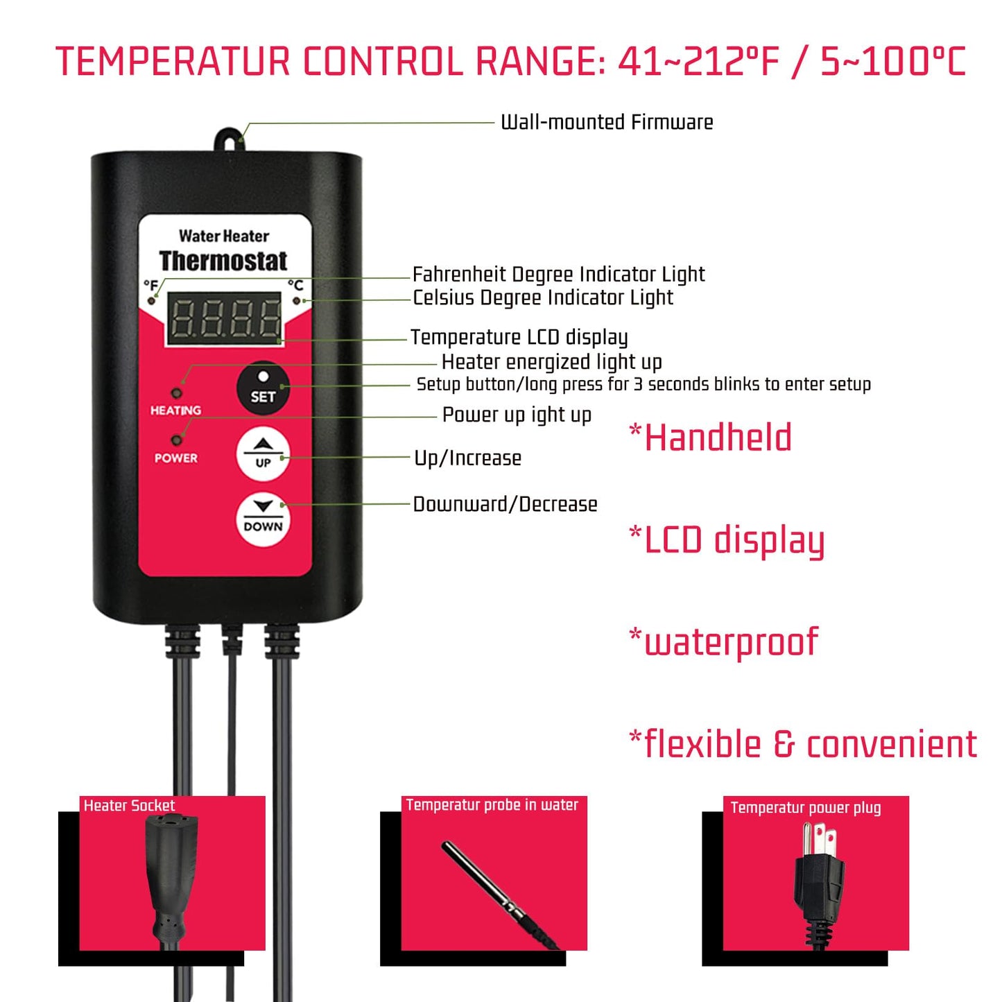 YLboyLIAN 1800W Titanium Immersion Bathtub & Pool Water Heater Portable Electric Submersible Heater with Temp Control & GFCI – for Hot Tubs, Above-Ground Pool, baptism, Baptistry, pond & inground pool