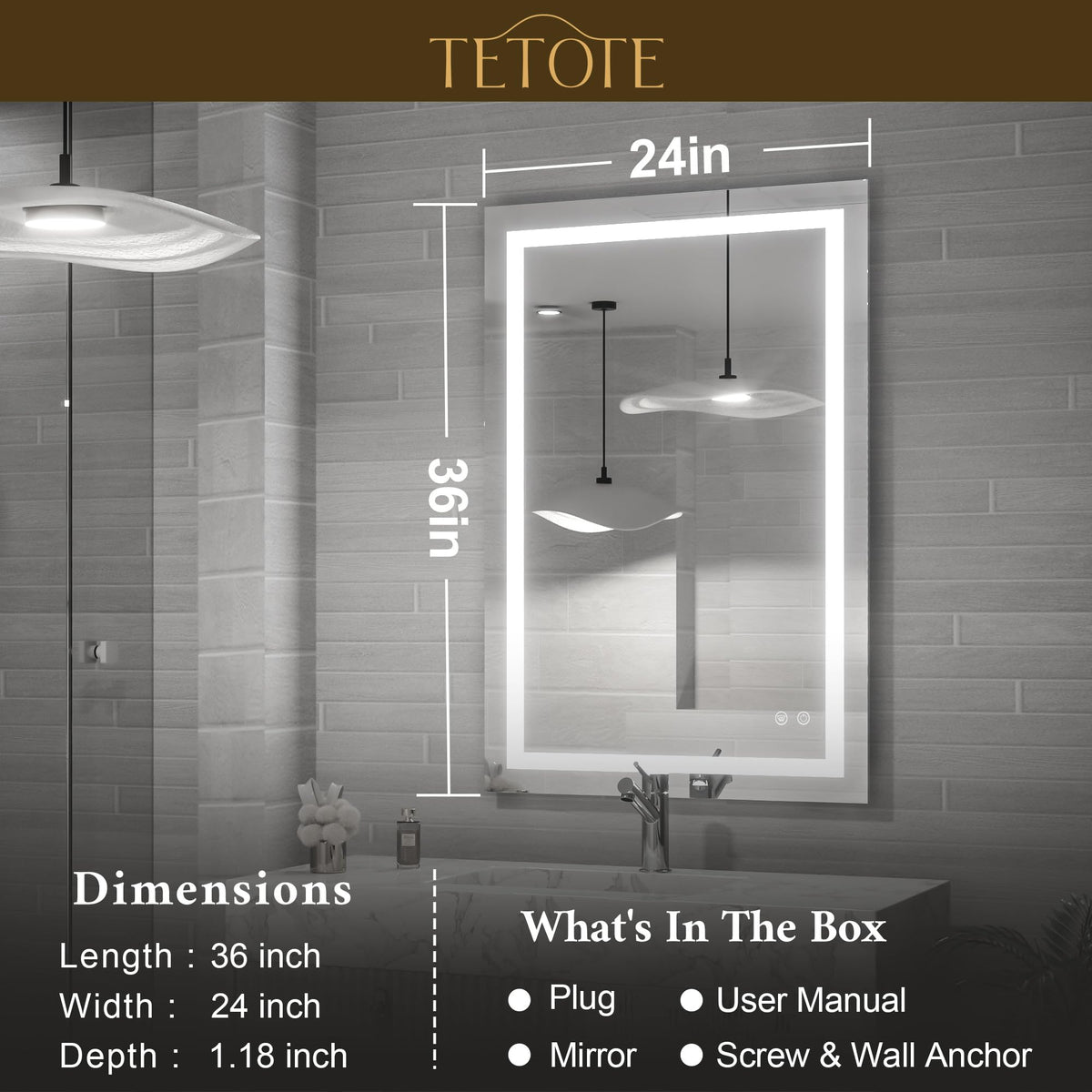 TETOTE 24 x 36 LED Bathroom Mirror LED Mirror Bathroom Decor Vanity Makeup Mirror Dimmable Anti-Fog Wall Mounted Bathroom Mirror with Lights, Tempered Glass