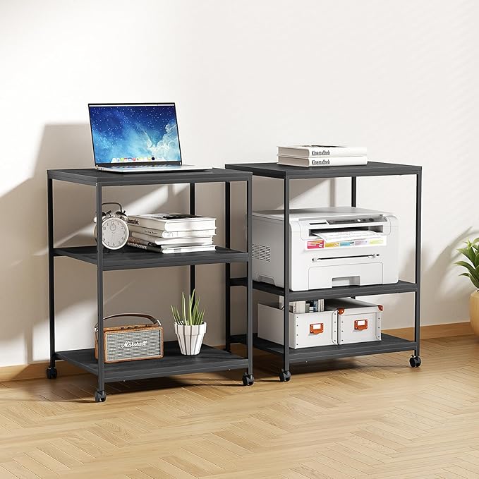 Vokumba Large Printer Stand with Wheels, 3 Tier Printer Table for Home Office, Rolling Printer Cart with Adjustable Storage Shelf for Shredder Scanner Fax (Black)