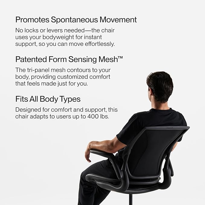 Humanscale World One Black Office Chair, Ergonomic Work Desk Chair with Built in Lumbar Support, Adjustable Computer Office Chair for All Body Types