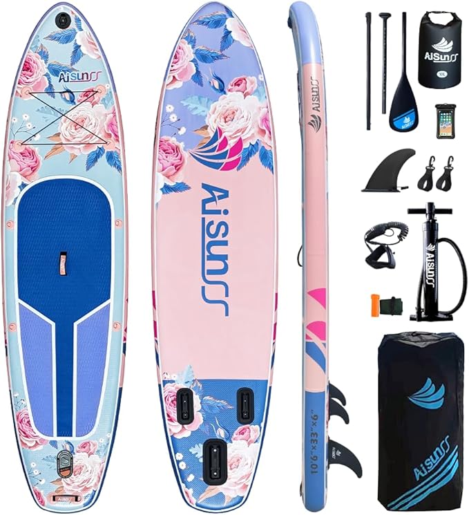 AISUNSS 10.6’ Inflatable Stand Up Paddle Board, 33’’ Wide Stance Paddle Boards with Premium Paddleboard Accessories, Doubl...