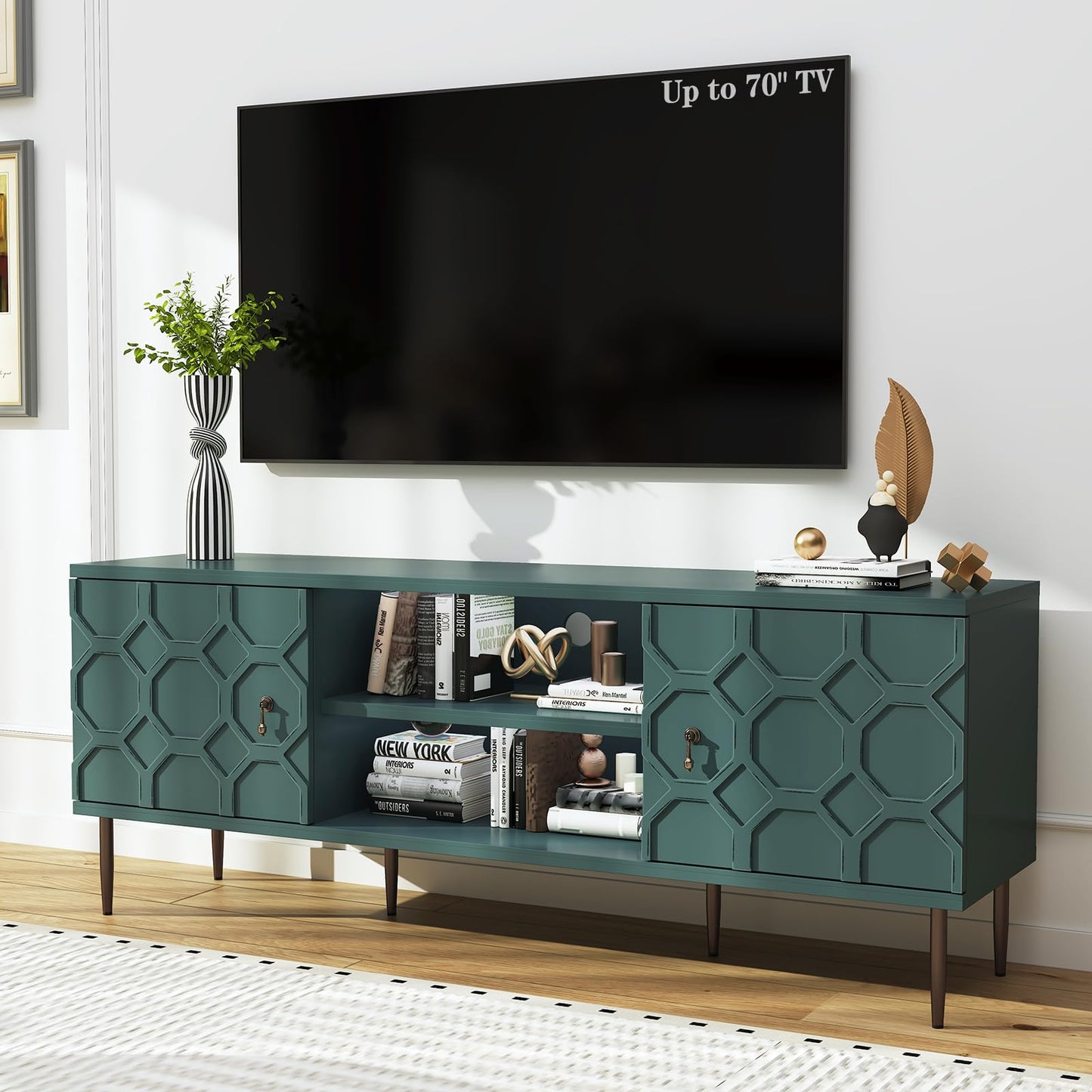 MROJISC Modern TV Stand for 65/70inch TV, Entertainment Center with Storage Cabinet and Open Shelves, Embossed Pattern TV Stand, TV and Media Console for Living Room, Bedroom, Green