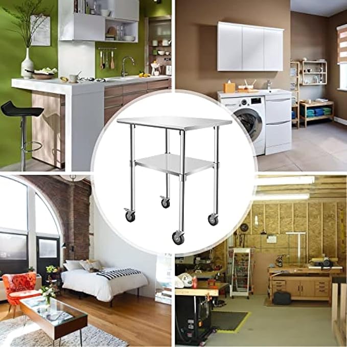 Stainless Steel Table - Metal Table Cart - Commercial Workbench with Caster Wheel - NSF Certified - for Restaurant, Warehouse, Home, Kitchen, Garage,30''x24''