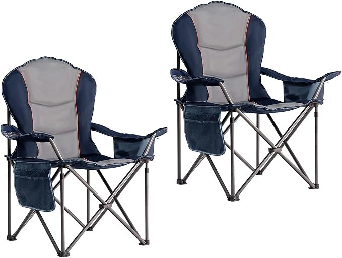 Foristrail Large Camping Chair with Side Table Heavy Duty 500LBS - Folding Outdoor Chair with Cooler Bag (Blue & Gray, 2 PCS)