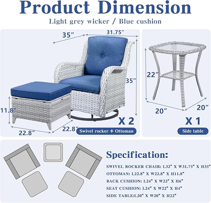 Belord Outdoor Swivel Rocker Furniture 5 Pieces Patio Wicker Furniture Sets, Rattan Patio Swivel Glider Chairs with 2 Ottoman and Glass Side Table