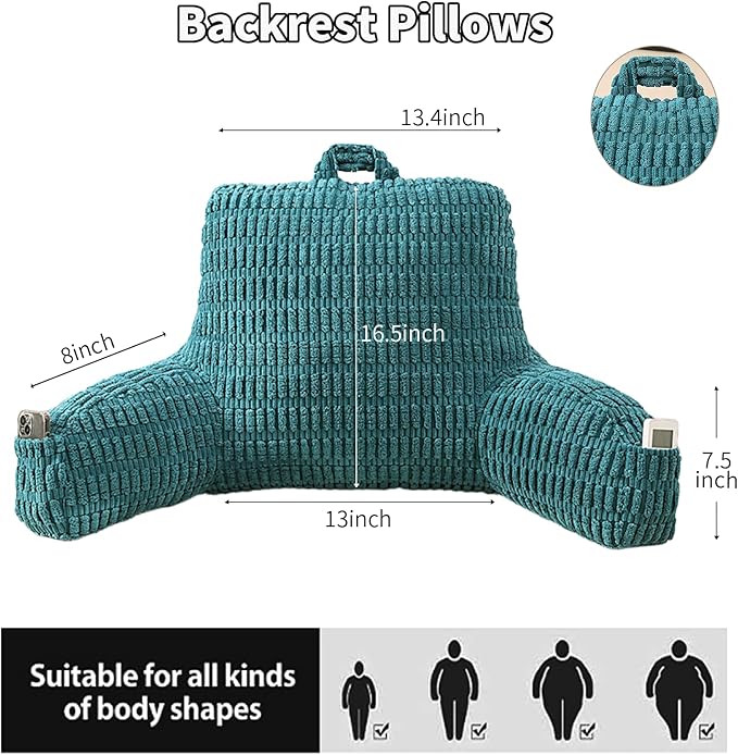 PAJEO Reading Pillow for Sitting in Bed, Large Backrest Reading Pillow with Arm Rest,Back-Rest Support Cushion for Sit Up on Couch, Sofa, and Floor, Dorm Essentials (Green Corduroy, Standard(17"))