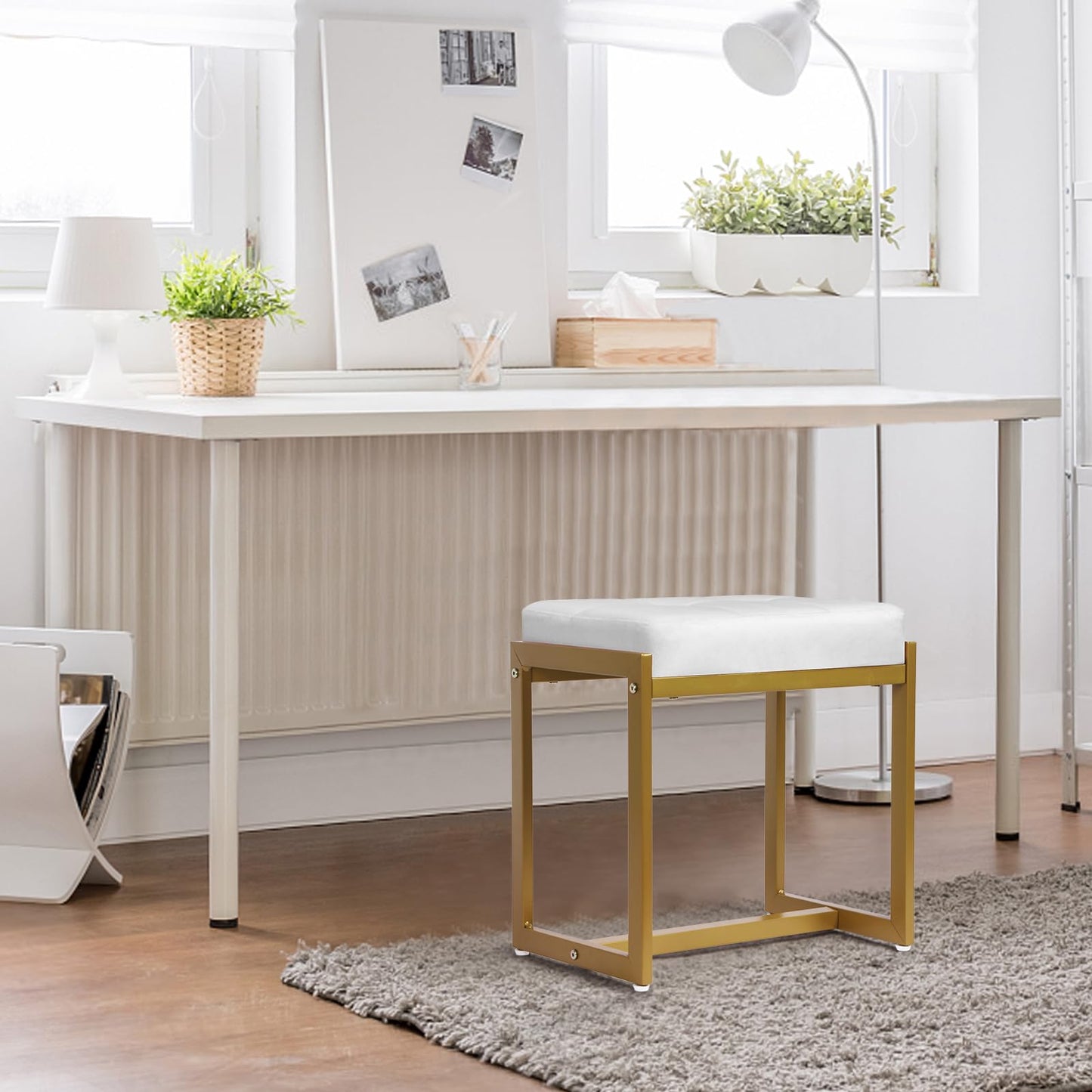 Faux Fur Vanity Stool Chair, Vanity Chair with Gold Metal Leg, Furry Soft Padded Makeup Footstools Seat Ottoman, Modern Chairs for Makeup, Bedroom, Square Small Stool Bench for Vanity White&Gold