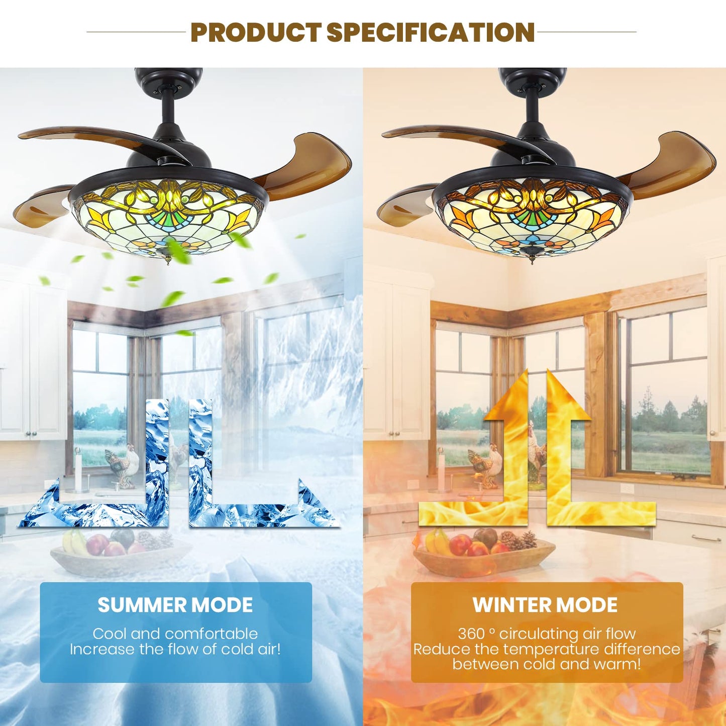 Siljoy 42 Tiffany Ceiling Fan Stained Glass Ceiling Fan Retractable Chandelier Ceiling Fans With Light Remote Control Dimmable W