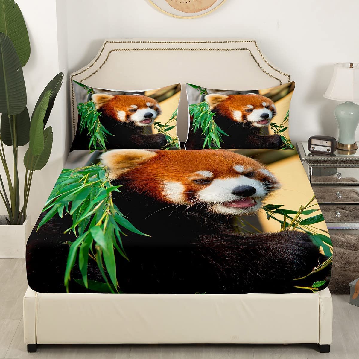 Red Panda Bed Sheets Cute Animal Pattern Bedding Set for Kids Boys Girls Teens Red Panda Leaves Print Bed Sheet Set Breathable Nature Fitted Sheet Bedroom Collection 3Pcs Full Size