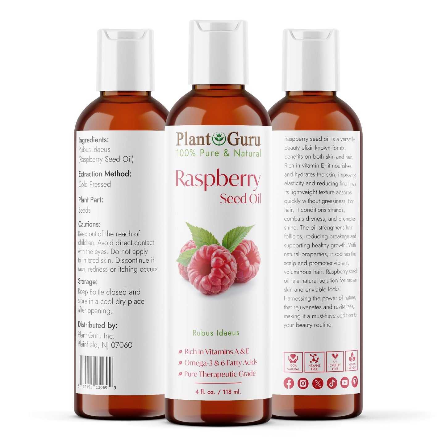 Red Raspberry Seed Oil 4 fl. oz. Cold Pressed Unrefined 100% Pure & Natural Carrier - Ideal for Skin, Face, Body, and Hair Moist