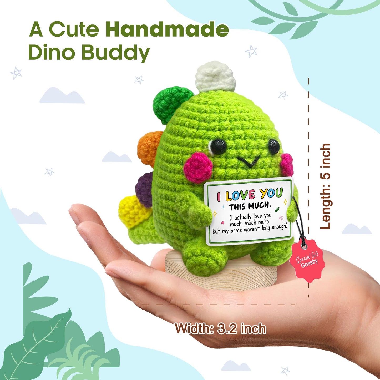 Gossby Handmade Positive Dinosaur Crochet - I Love You This Much - Gift for Husband, Boyfriend - Romantic Anniversary, Valentines, Xmas, Birthday Gift for Him from Wife, Girlfriend - Knitted Decor