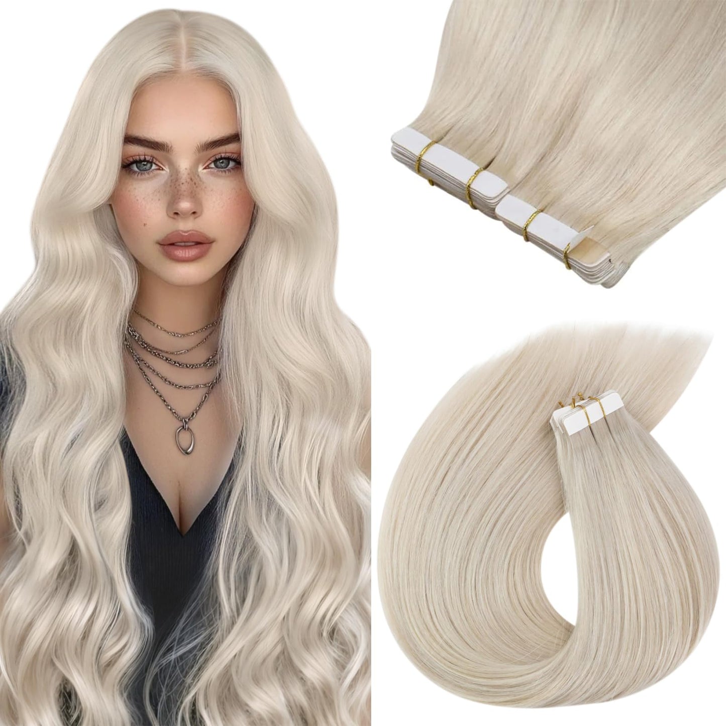 Sunny Hair Tape in Hair Extensions Real Human Hair Invisible Remy Hair Extensions Tape ins for Women White Platinum Blonde 20 in