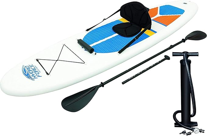 Bestway Hydro-Force White Cap 10 Foot Inflatable SUP Stand Up Paddle Board and Kayak w/Traction Pad, Backrest Seat, 3 Fin...