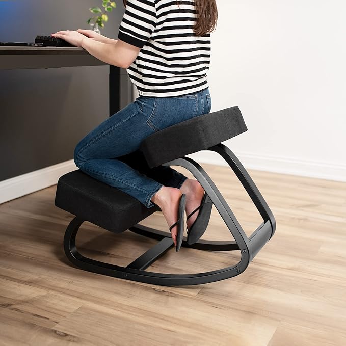 DRAGONN by VIVO Wooden Rocking Kneeling Chair, Ergonomic Rocker Stool for Home and Office, Angled Posture Seat, Black Frame, Black Cushions, DN-CH-K04RB
