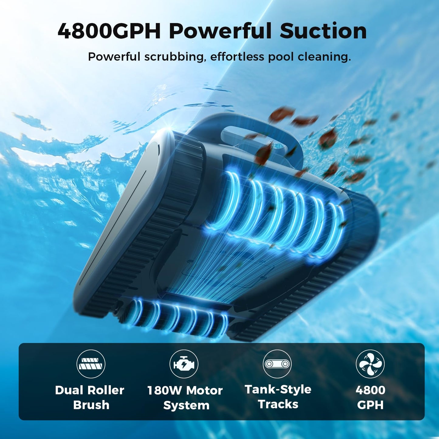 Automatic Robotic Pool Cleaner,3 in 1 Cordless Pool Vacuum for Inground Pools Floor&Wall&Waterline Cleaing up to 2150 SqFt,4800GPH Powerful Suction Robot Cleaner 180Min Battery Life,Track Drive