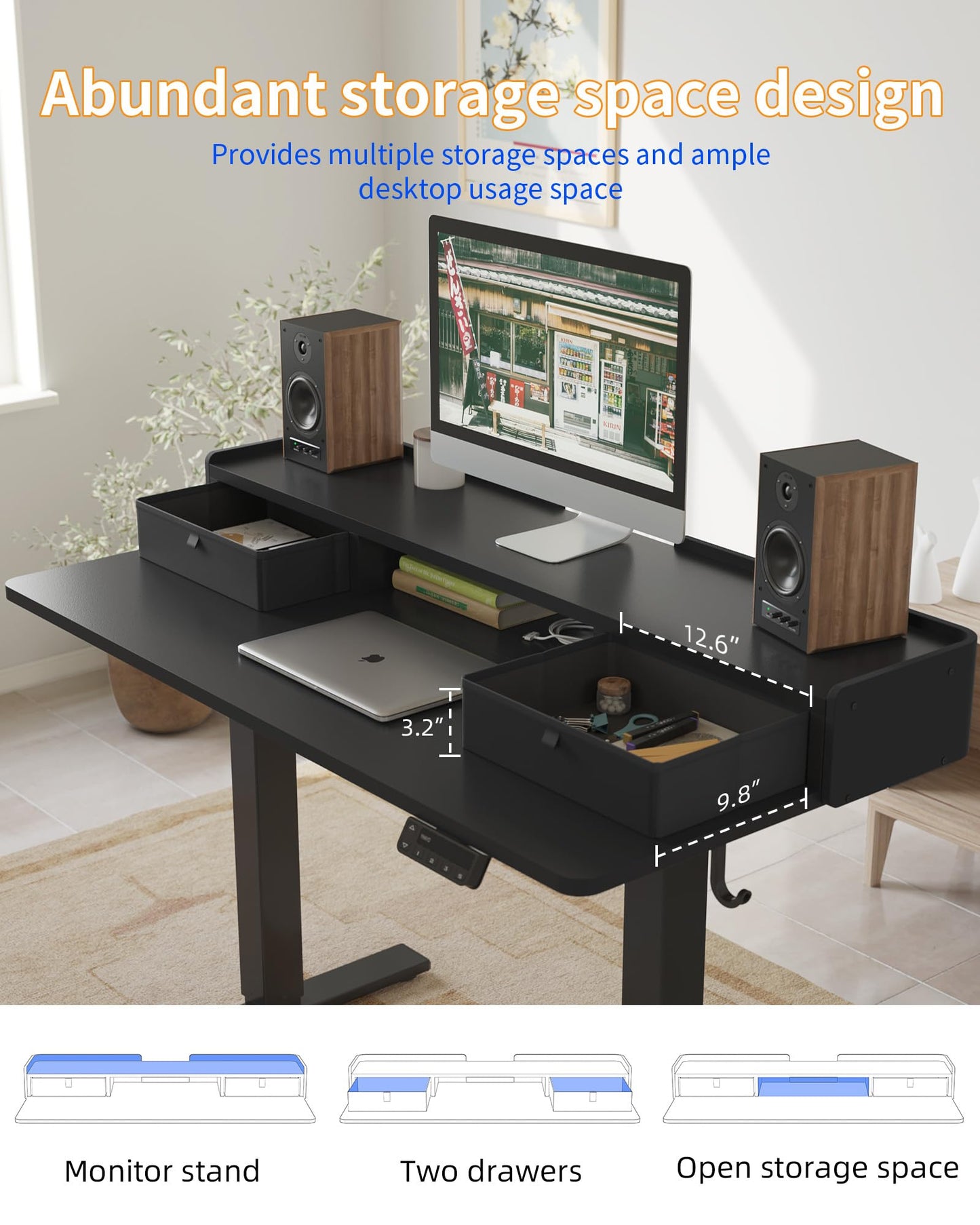 YIHAYO Electric Standing Desk with Drawers, 48 x 24 Inches Adjustable Desk with Storage Shelf, Stand Up Desk with Splice Board, Computer Table for Home Office, Black Frame/Black Top