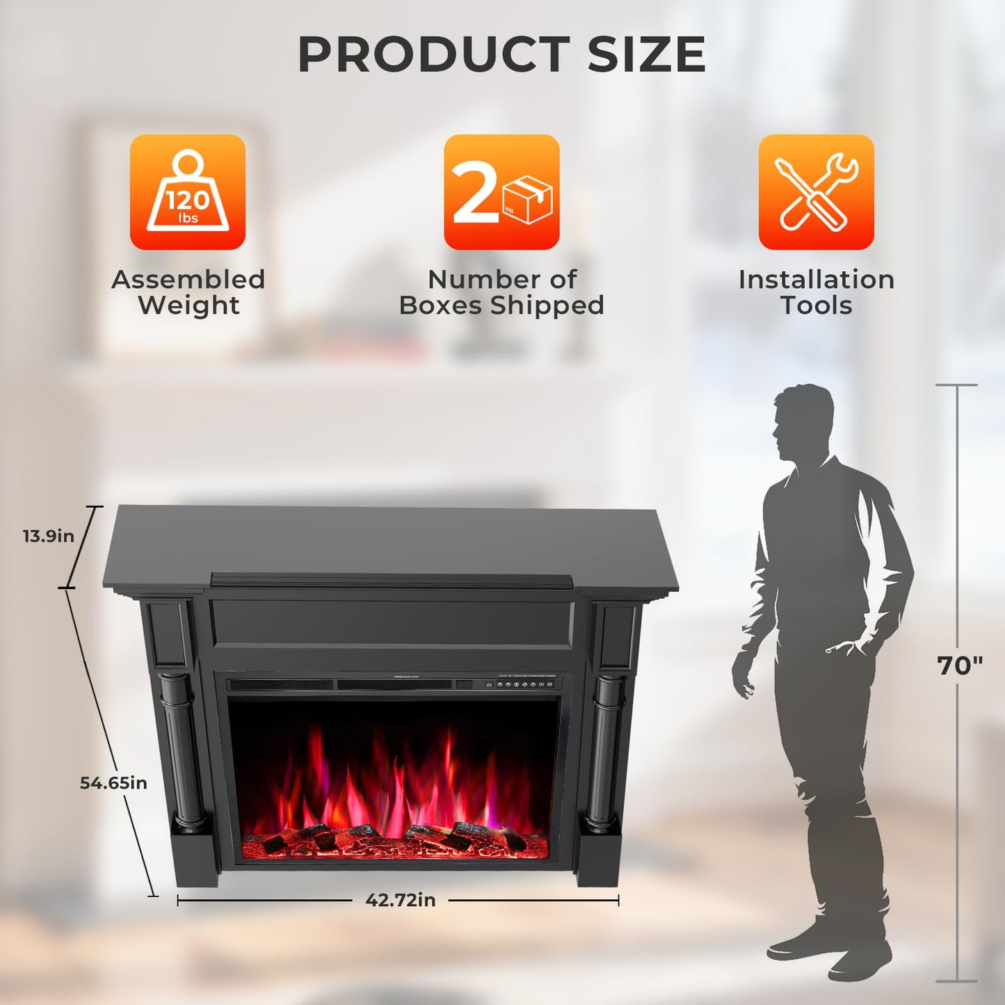 55in Electric Fireplace with Mantel, TV Stand with Freestanding Electric Fireplace, Remote Control, 12 Color Adjustable Flame, 1-8H Timer, 750W/1500W Black