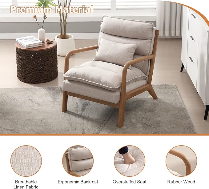 INZOY Accent Chairs Set of 2, Mid Century Modern Accent Chair with Wood Frame, Upholstered Reading Armchair with Waist Cushion, Side Chair for Living Room Bedroom Office, Easy Assembly, Beige